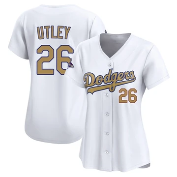 Women's Los Angeles Dodgers Chase Utley ＃26 Gold Limited White 2025 Collection Jersey