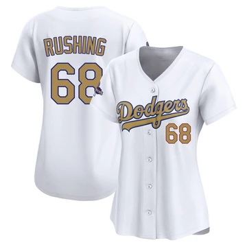 Women's Los Angeles Dodgers Dalton Rushing ＃68 Gold Limited White 2025 Collection Jersey