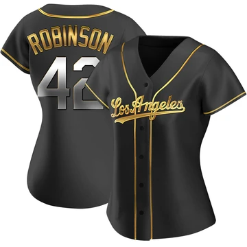 Women's Los Angeles Dodgers Jackie Robinson ＃42 Gold Replica Black en Alternate Jersey