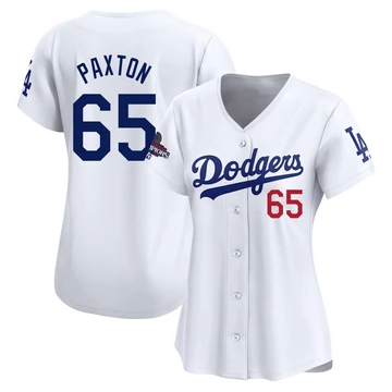 Women's Los Angeles Dodgers James Paxton ＃65 White Limited Home 2024 World Series Champions Jersey