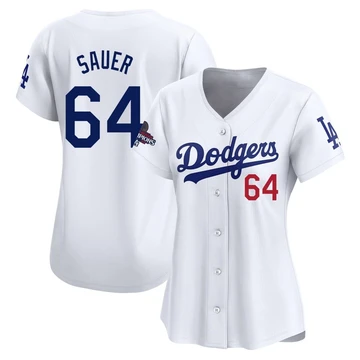 Women's Los Angeles Dodgers Matt Sauer ＃64 White Limited Home 2024 World Series Champions Jersey