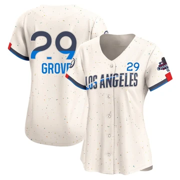 Women's Los Angeles Dodgers Michael Grove ＃29 Cream Limited 2024 City Connect World Series Champions Jersey