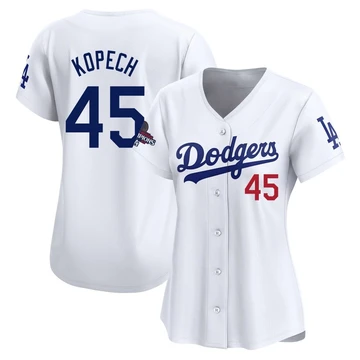 Women's Los Angeles Dodgers Michael Kopech ＃45 White Limited Home 2024 World Series Champions Jersey