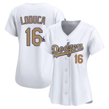 Women's Los Angeles Dodgers Paul Loduca ＃16 Gold Limited White 2025 Collection Jersey