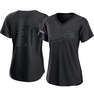 Women's Los Angeles Dodgers Santiago Espinal ＃21 Black Authentic Pitch Fashion 2024 World Series Champions Jersey