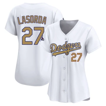 Women's Los Angeles Dodgers Tommy Lasorda ＃27 Gold Limited White 2025 Collection Jersey