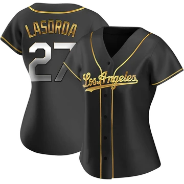 Women's Los Angeles Dodgers Tommy Lasorda ＃27 Gold Replica Black en Alternate Jersey