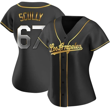 Women's Los Angeles Dodgers Vin Scully ＃67 Gold Replica Black en Alternate Jersey