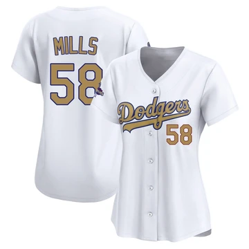 Women's Los Angeles Dodgers Wyatt Mills ＃58 Gold Limited White 2025 Collection Jersey