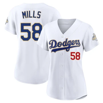 Women's Los Angeles Dodgers Wyatt Mills ＃58 Gold Limited White 2026 Collection Stadium Jersey