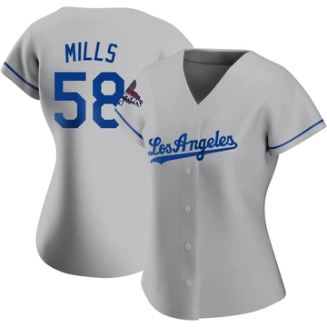 Women's Los Angeles Dodgers Wyatt Mills ＃58 Gray Replica Road 2024 World Series Champions Jersey