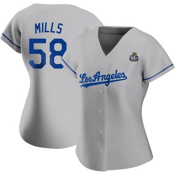 Women's Los Angeles Dodgers Wyatt Mills ＃58 Gray Replica Road 2024 World Series Jersey